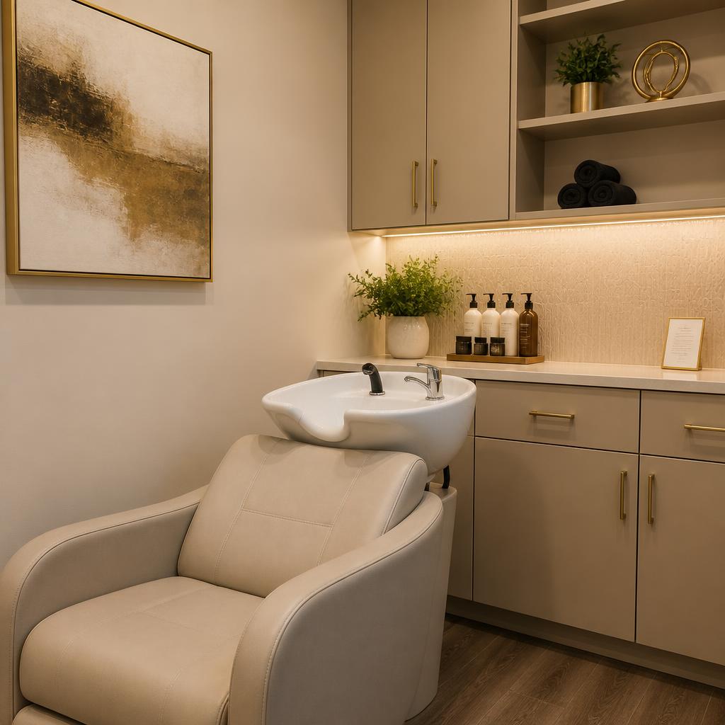 Shampoo sink and cabinet storage inside the private Forest Park barber space