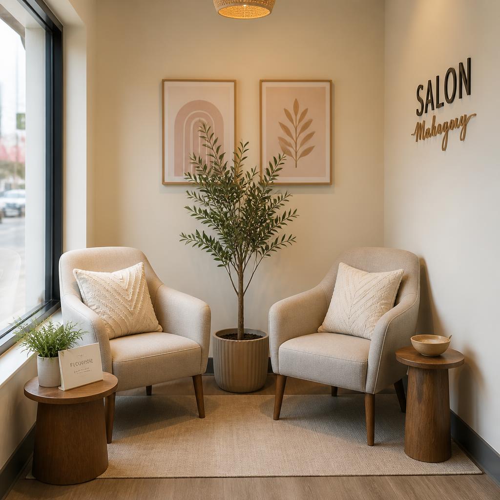 Shared barbershop waiting area with two upholstered chairs and a plant near a street-facing window